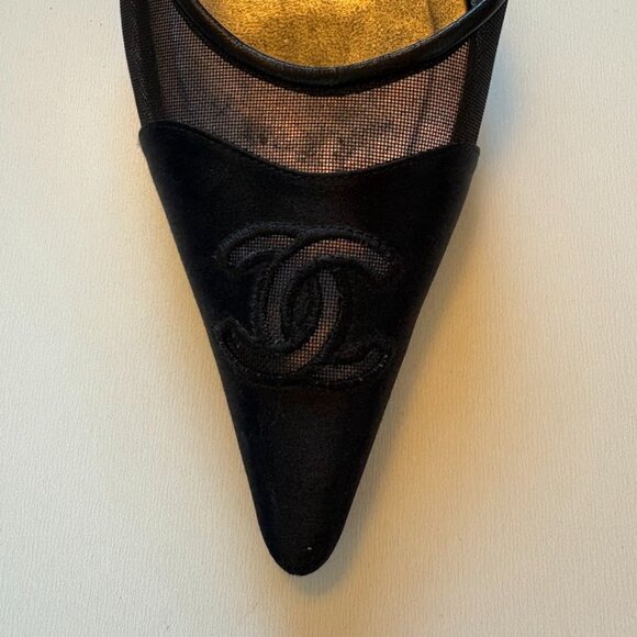 Chanel Iconic "CC" Black Mesh Sling Back Heel Luxury - Picture 3 of 15